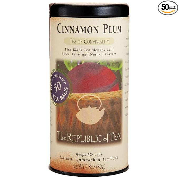 The Republic of Tea Cinnamon Plum Tea, 2.8 oz Tin, 50 Tea Bags, Spiced Black Tea | Caffeinated Tea