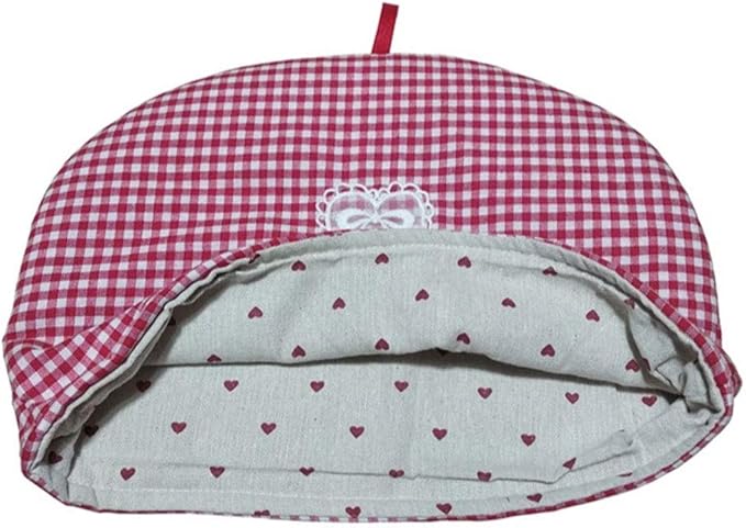 Cotton Tea Cozy Vintage Floral Printed Teapot Cover Tea Pot D챕cor Cozies Insulated Kettle Kitchen Dust Cover, Red Plaid with Lace Bow