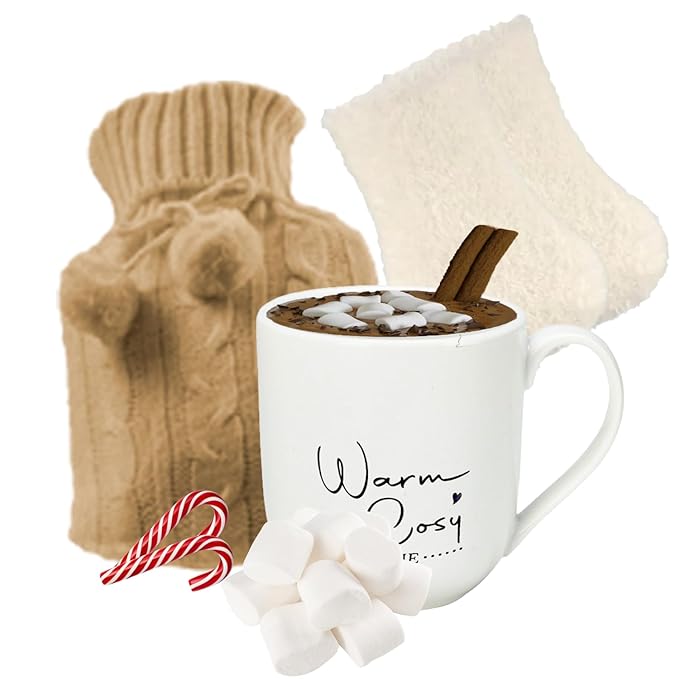 Women Gift Set -Hot Water Bottle, Hot Chocolate Mix, Mini Marshmallows, Mug, Socks, Crushed Candy |Mini Winter Hot Water Bottle With Cover|Cosy Gifts |Women Gifts |Hot Chocolate Gift Sets