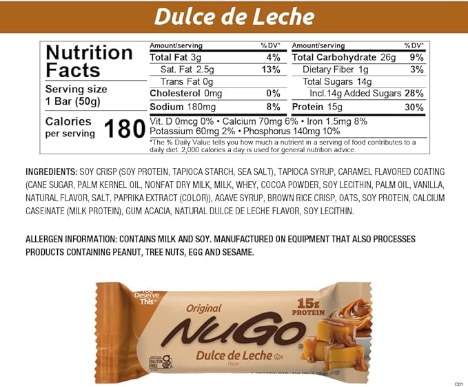 NuGo Protein Bar, NEW! Dulce De Leche 15 bars & Churro 15 bars, 11-15g Protein, Gluten Free, 30 Count
