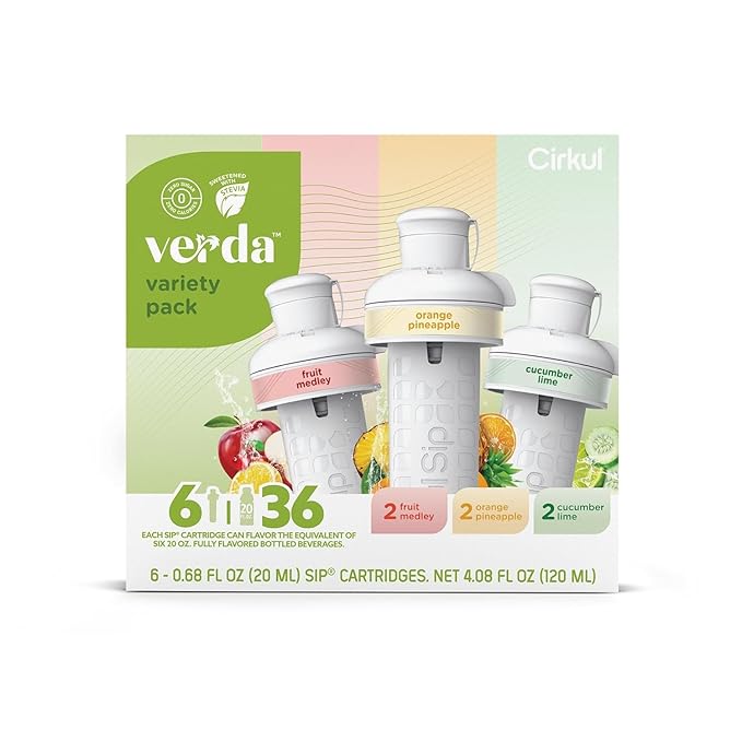 Cirkul Verda Flavor Cartridge Variety Pack with Antioxidants, Stevia, and Vitamin B, 6-Pack (2 Orange Pineapple, 2 Fruit Medley, 2 Cucumber Lime), No Sugar, Zero Calorie Drink Mix