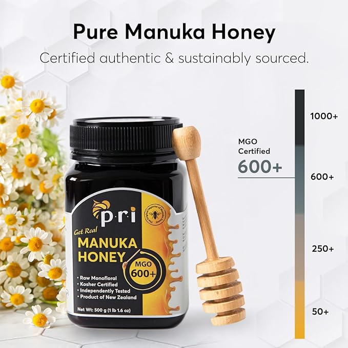 P.R.I Manuka Honey, MGO 600+, 1.1LB New Zealand Raw Monofloral Manuka Honey (500g)