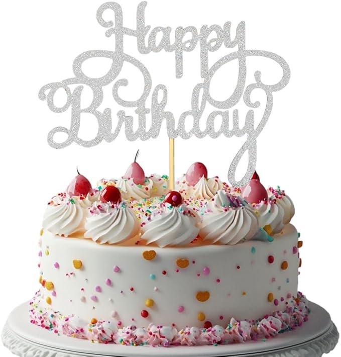 1 PCS Happy Birthday Cake Topper Glitter Silver Celebration Cake Picks Happy Birthday Decorations for Anniversary Birthday Party Decorations