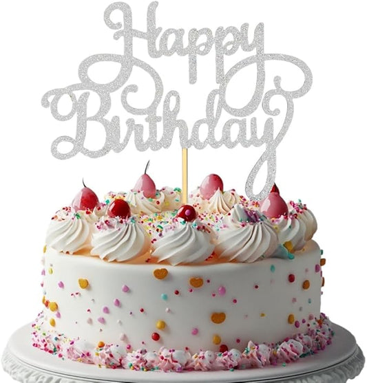 1 PCS Happy Birthday Cake Topper Glitter Silver Celebration Cake Picks Happy Birthday Decorations for Anniversary Birthday Party Decorations