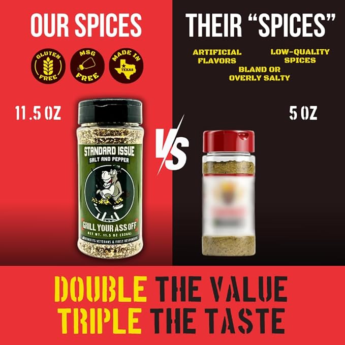Standard Issue Salt & Pepper by Grill Your As Off - Premium Gourmet Black Pepper & Salt Great for Meat, Poultry, Seafood, Pasta, & Veggies - Use for Marinating - Veteran Owned - 11.5 Oz