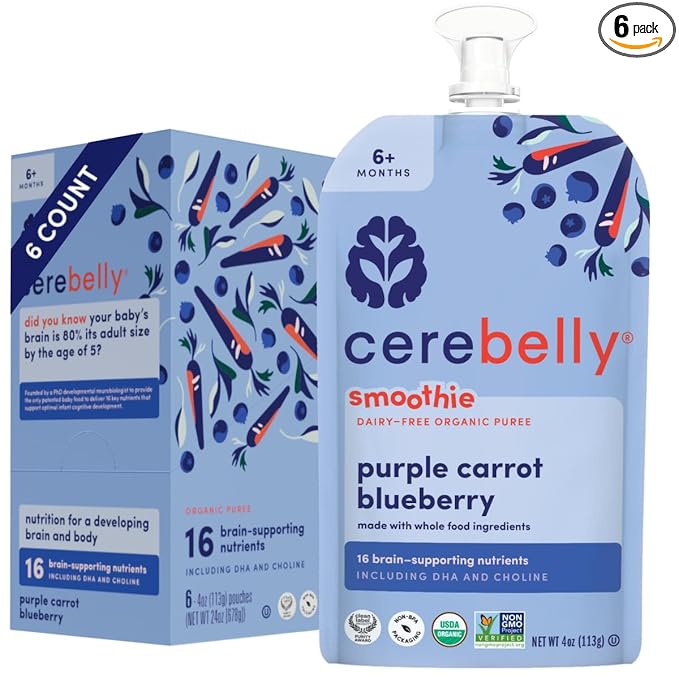 Cerebelly Organic Baby Food Pouches ??Dairy Free Smoothies for Toddlers | No Added Sugar, Fiber, Non-GMO | Toddler Smoothie Pouches | 4oz BPA-Free Baby Food | Purple Carrot Blueberry | 6 Count