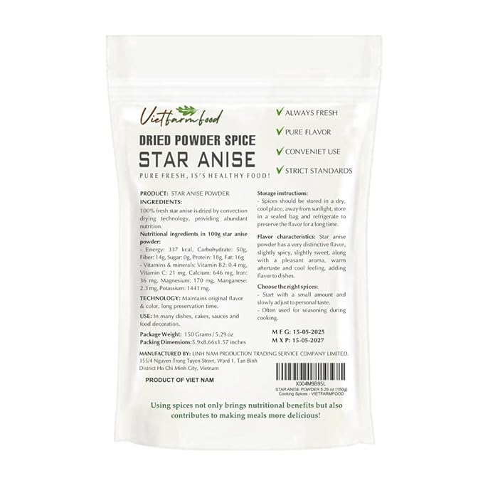 STAR ANISE POWDER 5.29 Oz (150g) VIETFARMFOOD: Natural pure, convection dried seasoning made from real vegetables - perfect for adding flavor to any meal, from cooking, baking, salads, soups, sauces