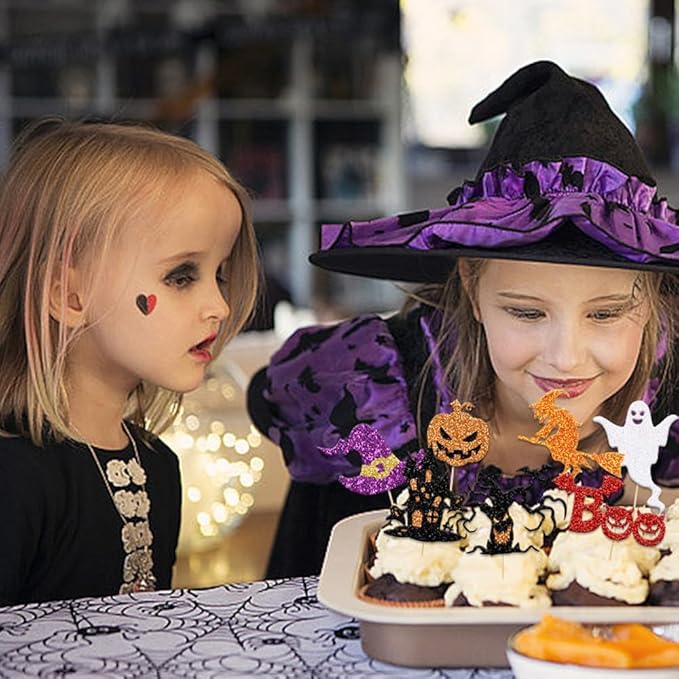 24pcs Halloween Cupcake Toppers Ghost Boo Glitter Haunted House Pumpkin Witch Spider Cake Decoration for Ghost Theme Halloween Holiday Baby Shower Party Supplies