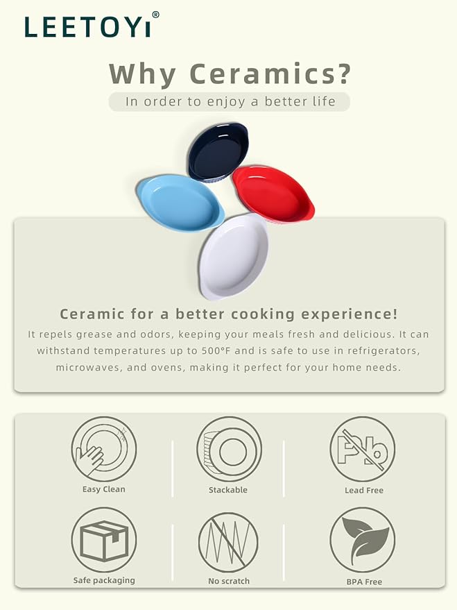 LEETOYI Porcelain Small Oval Au Gratin Pans,Set of 4 Baking Dish Set for 1 or 2 person servings, Bakeware with Double Handle for Kitchen and Home, Red