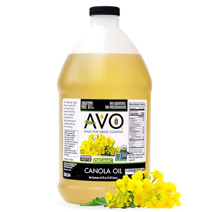 AVO ORGANIC CANOLA Oil Frying, Baking, Non-stick Saut챕ing, Salads, Vinaigrette, Marinades, Pan Coating, General Cooking 64 Fl-oz (Half a Gallon), NO preservatives added, Naturally Processed