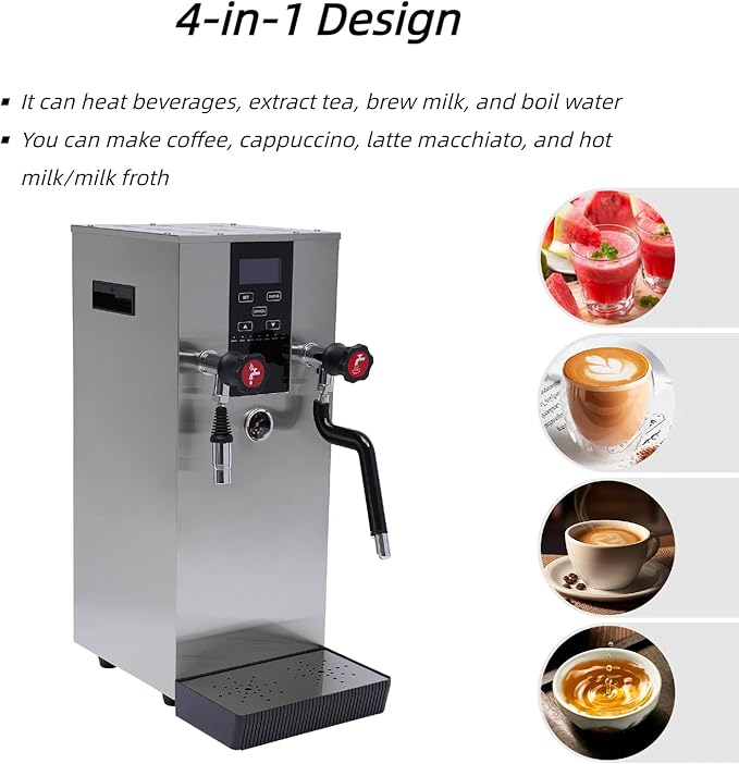 4-in-1 12L Espresso Commercial Coffee Machine Stainless Steel Steam Water Boiling Machine with LCD Screen for Heating Drinks Brewing Tea Boiling Water Foaming Milk, 2300W 110V
