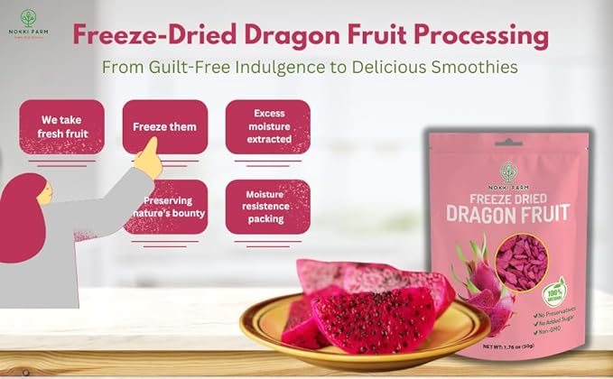 NOKKI FARM Freeze Dried Dragon Fruit - Healthy & Exotic Tropical Superfood Snacks, No Added Sugar or Preservatives, Kid-Approved, Shelf-Stable & Portable for On-The-Go Snacking - 1.76 Oz
