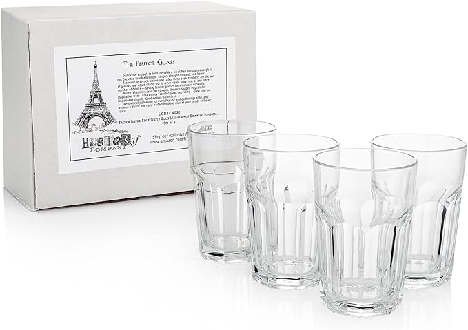 French Bistro Tempered Water Glass – All-Purpose Drinking Tumbler, 4-Piece Set (Gift Box Collection)