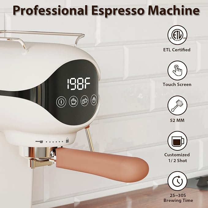 Espresso Machine with Steam Milk Frother Semi Automatic 20 Bar Compact White with Touch Screen for home Cafetera Espresso, Latte, Cappuccino, Americano, Macchiato