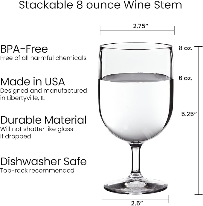 US Acrylic Stackable 8 ounce Plastic Wine Stems in Clear | Set of 8 Reusable, BPA-free, Made in the USA, Top-rack Dishwasher Safe