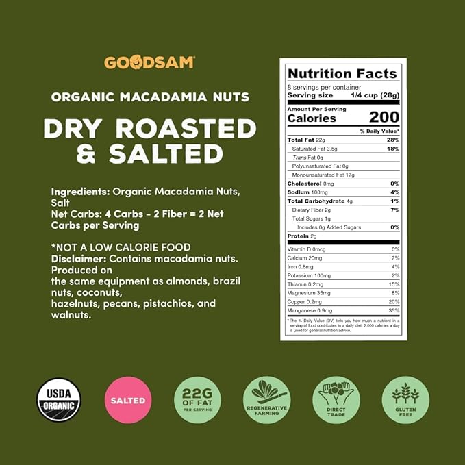 GoodSAM Organic Roasted Macadamia Nuts 0.5 lb, Salted, Gluten Free, Non GMO, Vegan, Keto, Regenerative Farming, Direct Trade
