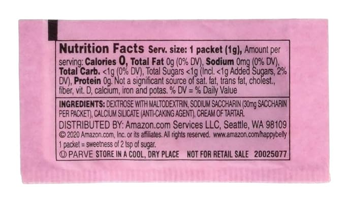 Amazon Brand - Happy Belly Zero Calorie Pink Saccharin Sweetener Powder, 250 Packet, 8.81 ounce (Pack of 1)