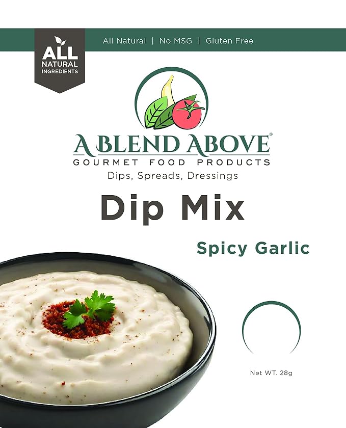 A Blend Above Spicy Garlic Dip Mix for Gourmet Appetizers for Parties, 1 oz Packet (3 Pack), Spicy Dip, Gluten-Free, No MSG, All Natural, No Preservatives, Vegetable Dip, Keto Friendly, Low Carb, Easy to Make