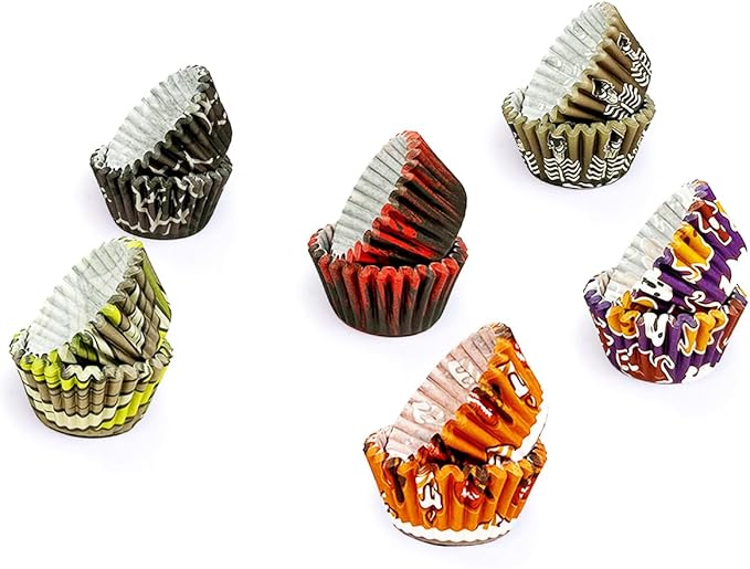 qiqee Halloween Jumbo Cupcake Liners 300PCS Cupcake Liners Cupcake Cups 6 Designs Halloween Red Bat Cupcake Papers Baking Cups Cupcake Wrappers (Large Size)