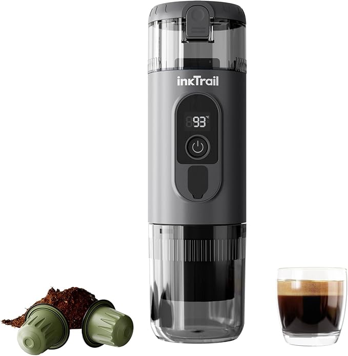 InkTrail Portable Electric Espresso Machine,Travel Coffee Maker for Camping, Self-Heating with Rechargeable Battery, Compatible with Ground Coffee & NS Original Capsule for Car, RV, Hiking, Office