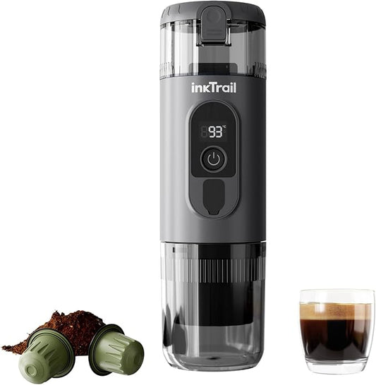 InkTrail Portable Electric Espresso Machine,Travel Coffee Maker for Camping, Self-Heating with Rechargeable Battery, Compatible with Ground Coffee & NS Original Capsule for Car, RV, Hiking, Office
