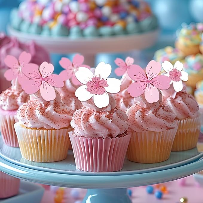 60 Pack Edible Cherry Blossom Cupcake Toppers Cherry Flowers Cake Toppers Rice Paper Wafer Paper Cake Picks for Cherry Blossom Bridal Shower Baby Shower Kids Birthday Cake Decorations