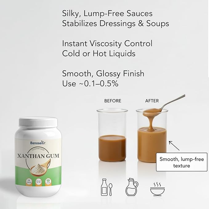 Benosen Xanthan Gum Powder 12 oz ??Food-Grade Thickener & Stabilizer for Gluten-Free Keto Baking ??Sauces Dressings Gravies ??Pure Vegan Hydrocolloid ??Resealable Jar
