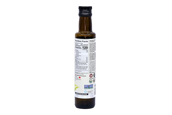 Signé Caméline, Cold-Pressed Roasted Camelina Oil, 16.90 fl oz. Sesame oil substitute. Notes of Roasted hazelnuts, Asian cuisine, Ramen noodles, Sushi, Sautés. Product of Canada.