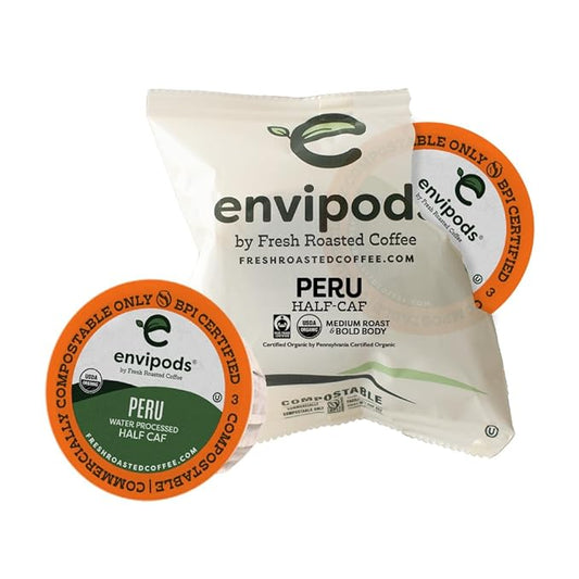 Fresh Roasted Coffee, Organic Peruvian Swiss Water Half-Caf envipods, Fair Trade Kosher, Medium Roast, 36 Count, Individually Wrapped, Compatible With 1.0 & 2.0 K Cup Brewers