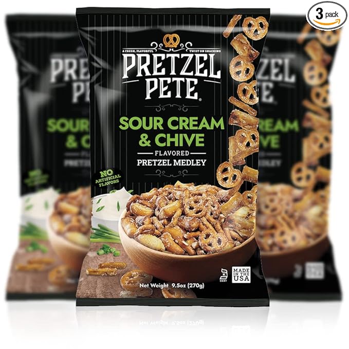 Pretzel Pete Sour Cream Chive Seasoned Pretzel Medley, Nut-Free and Sesame-Free Snack, Small Batch, Bold Flavor (9.5oz, Pack of 3)