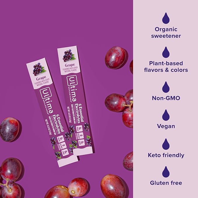 Ultima Replenisher Daily Electrolyte Powder Drink Mix ??Sugar Free ??Grape, 20 Stickpacks ??Hydration Packets with 6 Key Electrolytes and Trace Minerals ??Keto Friendly, Vegan, Non-GMO