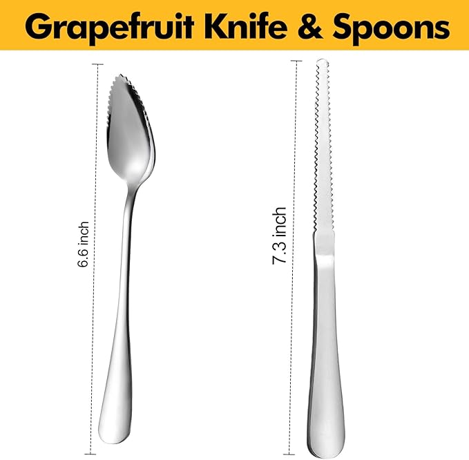 HyperSpoon 5 Pack Grapefruit Spoons & 1 Grapefruit Knife, Stainless Steel Flatware Set Serrated Edges, Cutting Utensil Kitchen with Titanium Plating for Fruit Kiwi Orange, Silver