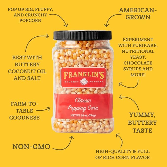 Franklin?셲 Gourmet Popcorn 28oz Tub Classic Popcorn Kernels for Popping - Made in USA, Non-GMO & All-Natural - Old Fashioned Unpopped Popcorn Kernels for Popcorn Machine