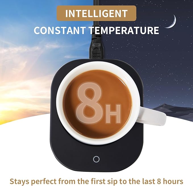 Mug Warmer with 4-Hour Auto Shut Off, 3 Temperature Settings, Frosted Black Rectangular Electric Beverage Heater, Borosilicate Glass Panel, 54-Inch Cord, Coffee Warmer for Desk, Tea Warmer