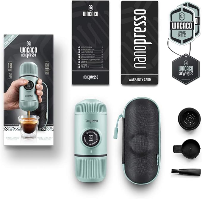 WACACO Nanopresso Portable Espresso Maker with Case, Mini Travel Coffee Machine, Perfect for Camping, Travel and Officeç«?Elements Arctic Blueç«?,<div>