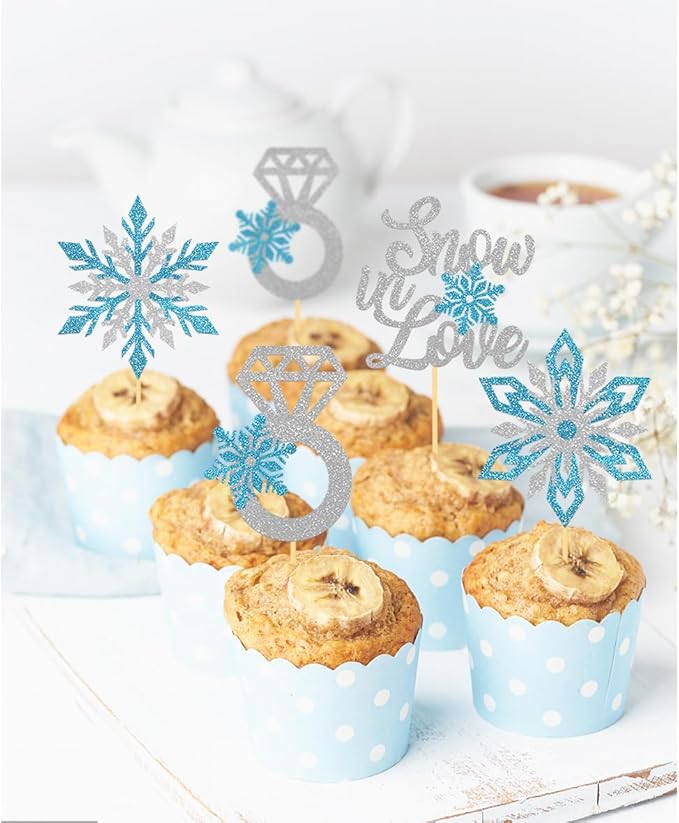 24PCS Snow in Love Cupcake Toppers for Winter Snowflake Decorations, Frozen Snowflake Love Cake Toppe for Bridal Shower Party Decorations (Love A)