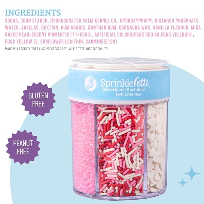 Sweets Indeed Sprinkles 6 Cell Edible Sprinkle Mix Jimmies Perfect for Cake Decorations Baking Ice Cream Cookies Cupcake Topper (Sweetheart)