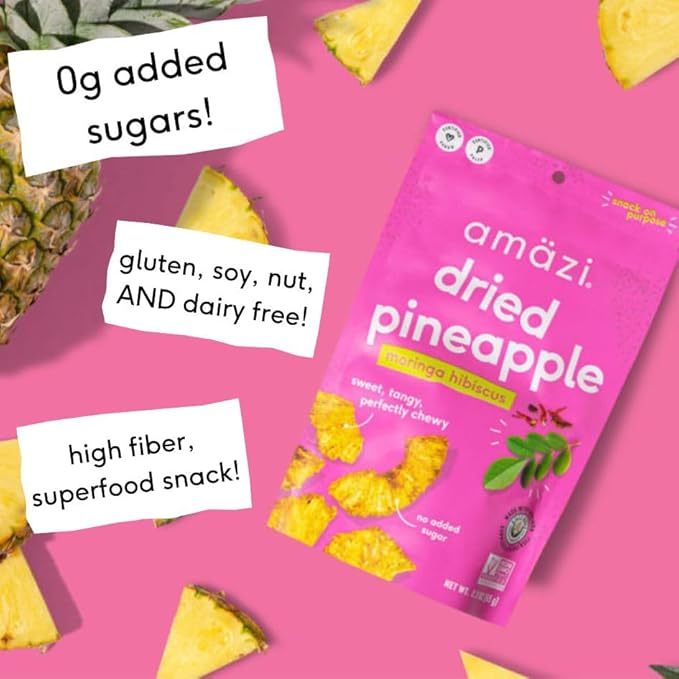 Am채zi Foods | Dried Pineapple - Moringa Hibiscus (6 Pack) | All Natural Snacks | No Sugar Added Dried Pineapple | Dehydrated Fruit