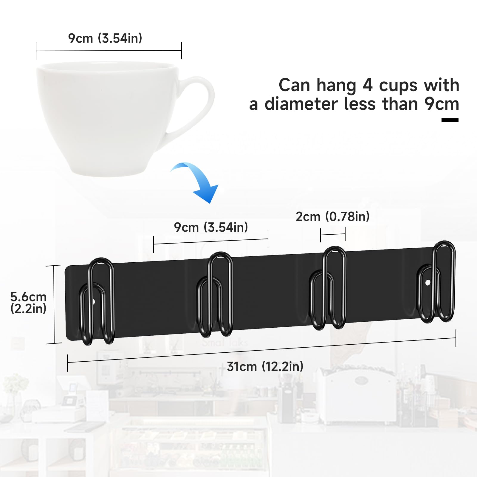 LOXSUN 2pcs Mug Holder Wall Mounted, Coffee Cup Holder with 4 Mug Hooks, Metal Cup Hanger Mugs