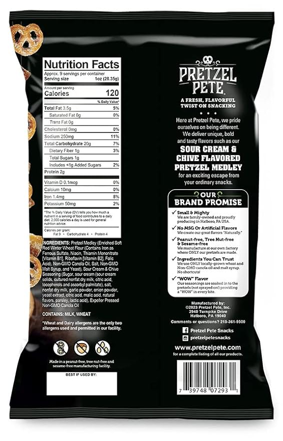 Pretzel Pete Sour Cream Chive Seasoned Pretzel Medley, Nut-Free and Sesame-Free Snack, Small Batch, Bold Flavor (9.5oz, Pack of 3)
