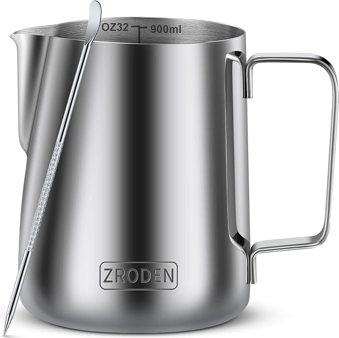 Milk Frothing Pitcher, 32oz Espresso Steaming Pitchers Stainless Steel Cappuccino Coffee Machine Accessories Barista Tools Steamer Froth Pitchers Milk Jug Cup with Decorating Pen Latte Art