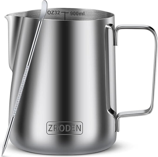Milk Frothing Pitcher, 32oz Espresso Steaming Pitchers Stainless Steel Cappuccino Coffee Machine Accessories Barista Tools Steamer Froth Pitchers Milk Jug Cup with Decorating Pen Latte Art