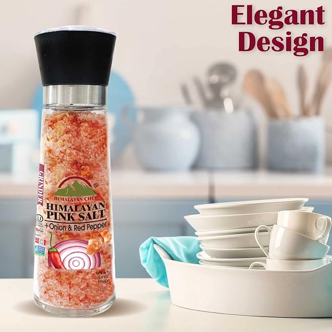 Himalayan Chef Pink Salt with Roasted Onion & Red Crushed Pepper, Tall Glass Grinder, 10.58 Oz