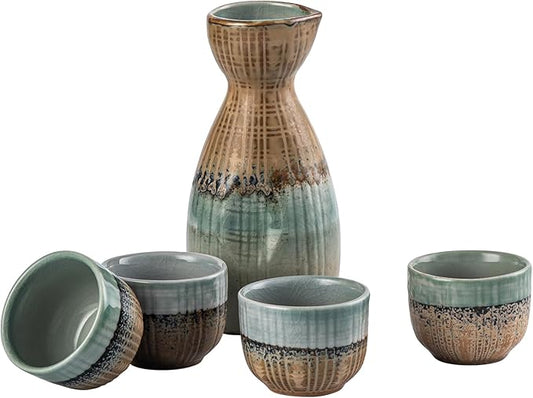 UNICASA Sake Set, Traditional Japanese Sake Cup Set of 5, Ceramic Cups Crafts Wine Glasses Gifts竊ë?ne Sake Pot 210ml and 50ml Sake Cupç«?,<div>