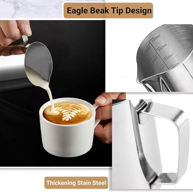 Milk Frothing Pitcher, 350ml/600ml (12oz/20oz) Milk Frother Cup Stainless Steel Jug Steaming Pitcher, Milk Coffee Cappuccino Latte Art Barista Steam Pitchers Milk Jug Cup with Decorating Pen