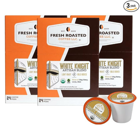 Fresh Roasted Coffee, Organic White Knight | USDA Organic, Kosher | Light Roast 72 Pods for K Cup Brewers