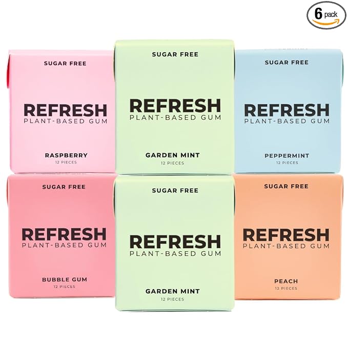 Refresh Gum, Xylitol, Natural, Sugar Free, Long Lasting, Plastic Free, Organic Ingredients, Non GMO, Peppermint, Garden Mint, Bubble Gum, Peach & Raspberry Variety Pack, 12 Pcs, 6 Pack