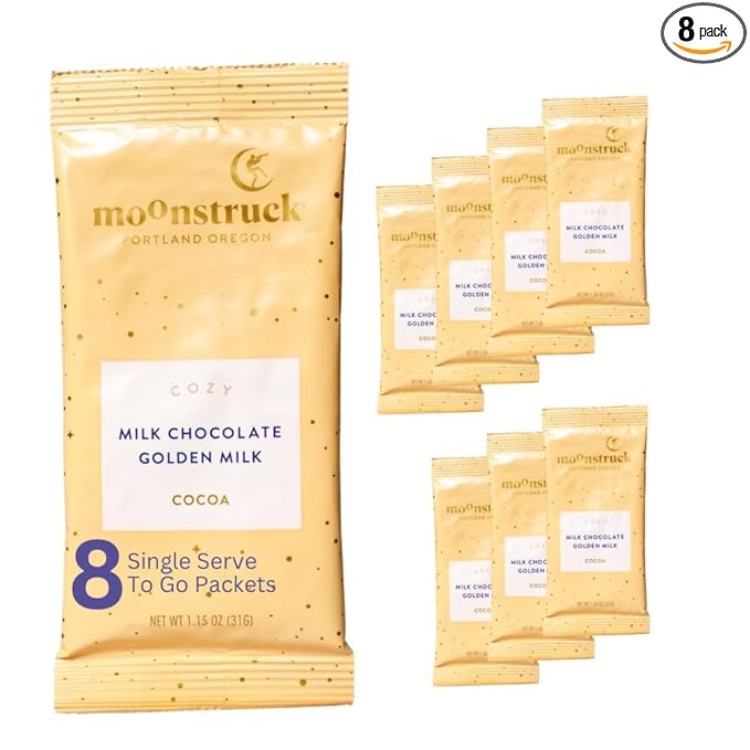 Moonstruck Chocolate Single Serve Cozy Ginger and Turmeric Milk Chocolate Hot Chocolate Packets, 8 Count (Pack of 1)