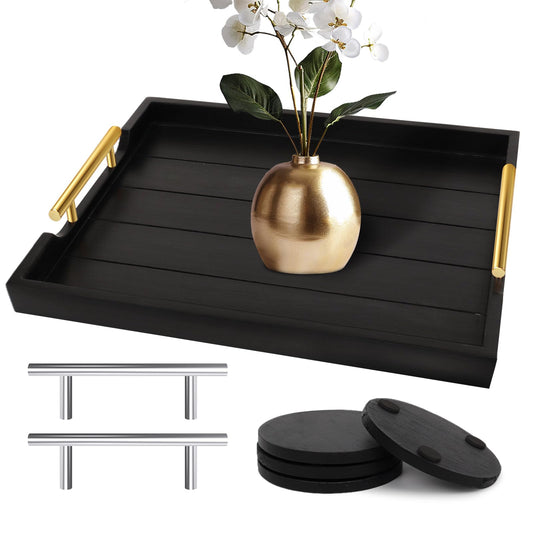 SXNOWS Wood Serving Tray with 2 Sets of Handles,Black