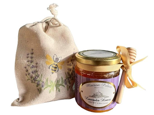 Maison Peltier 100% Unpasteurized French Raw Lavender Honey 8.8 oz - Luxury Gift Set with Wooden Honey Dipper and Chic Storage Bag - Sourced from Provence, France - Perfect for Gifting or Culinary Use
